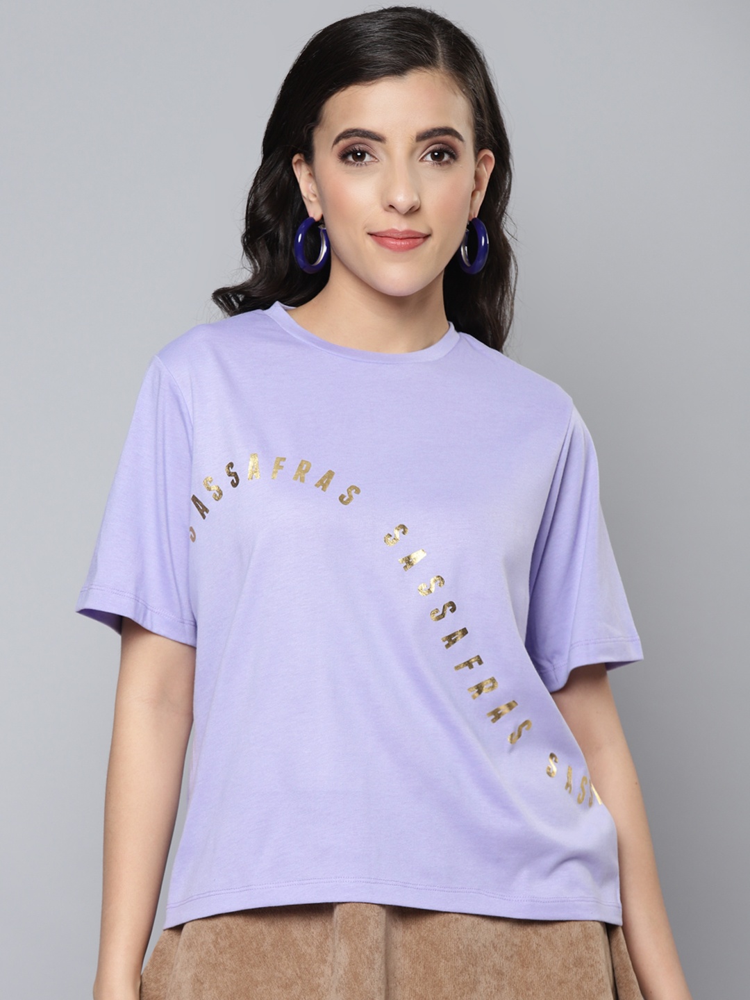 

SASSAFRAS Women Lavender Brand Logo Printed Pure Cotton T-shirt