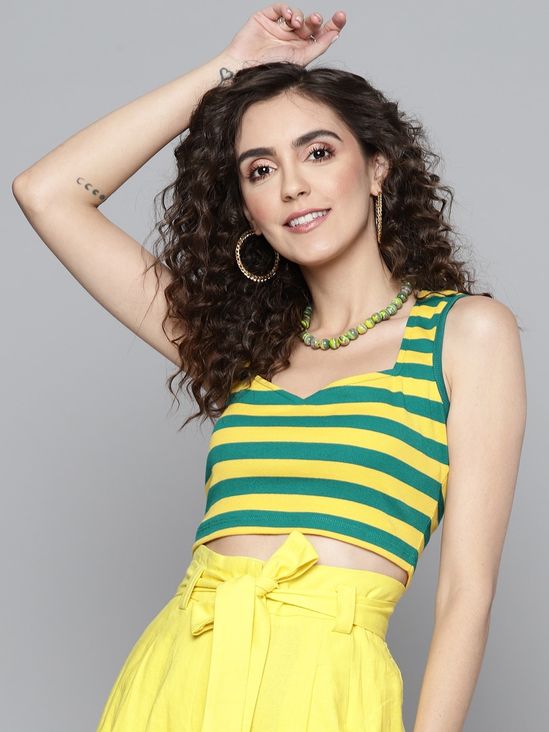 

SASSAFRAS Women Yellow & Green Striped Crop Top