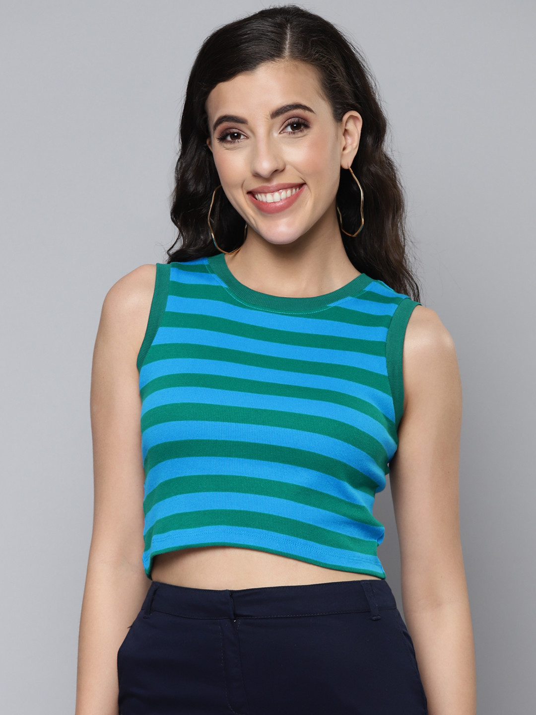 

SASSAFRAS Women Blue & Green Striped Crop Top