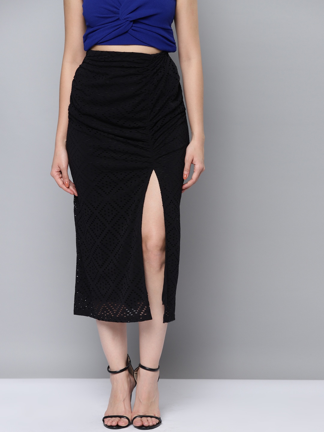 

SASSAFRAS Women Black Solid Schiffli Embroidered Ruched Straight Skirt