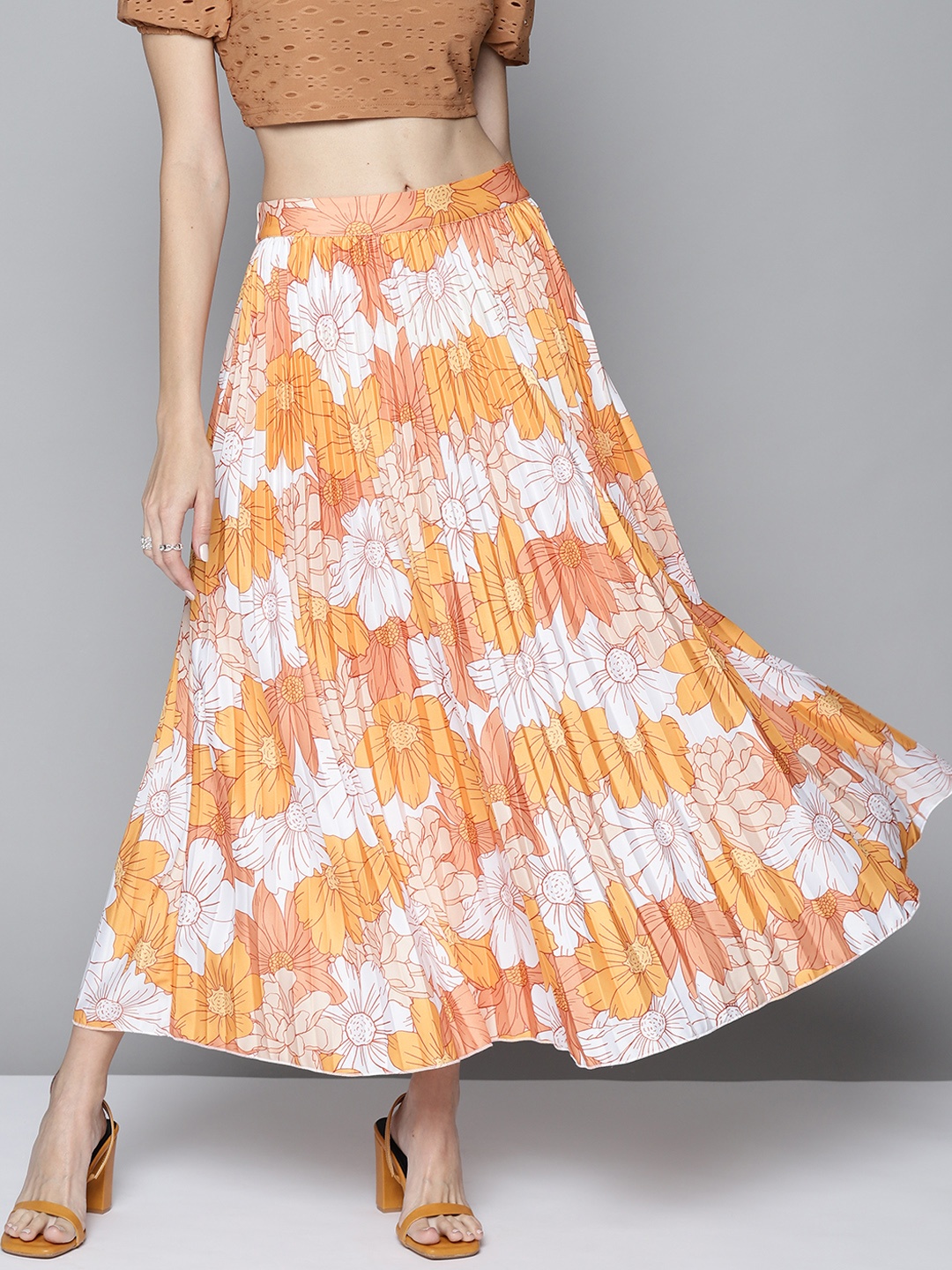 

SASSAFRAS Women Mustard Yellow & White Floral Accordion Pleated Skirt