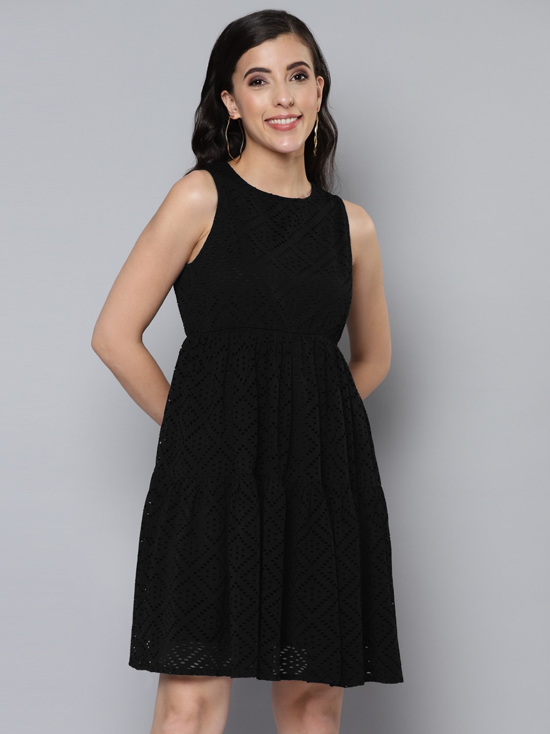 

SASSAFRAS Women Black Schiffli A-Line Dress