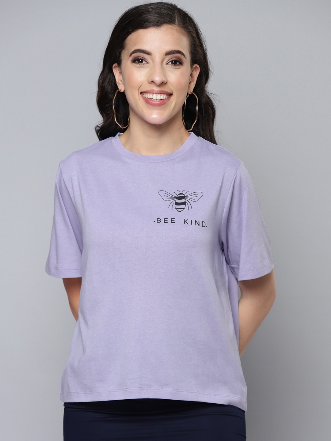 

SASSAFRAS Women Lavender Typography Printed Pure Cotton T-shirt