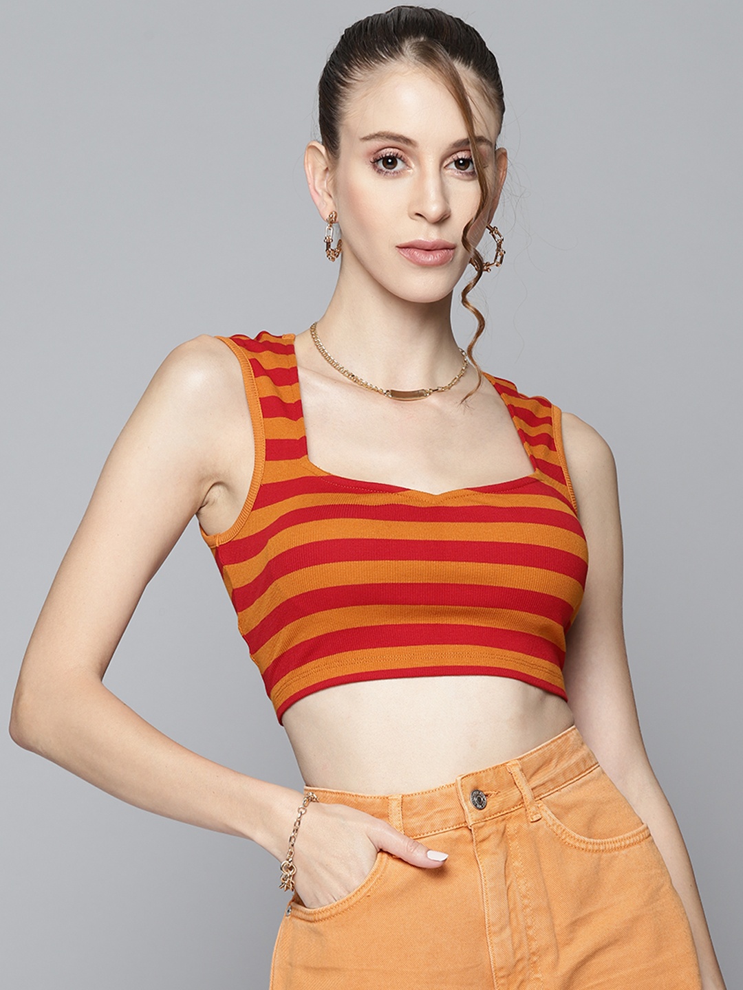 

SASSAFRAS Women Orange & Red Striped Crop Top