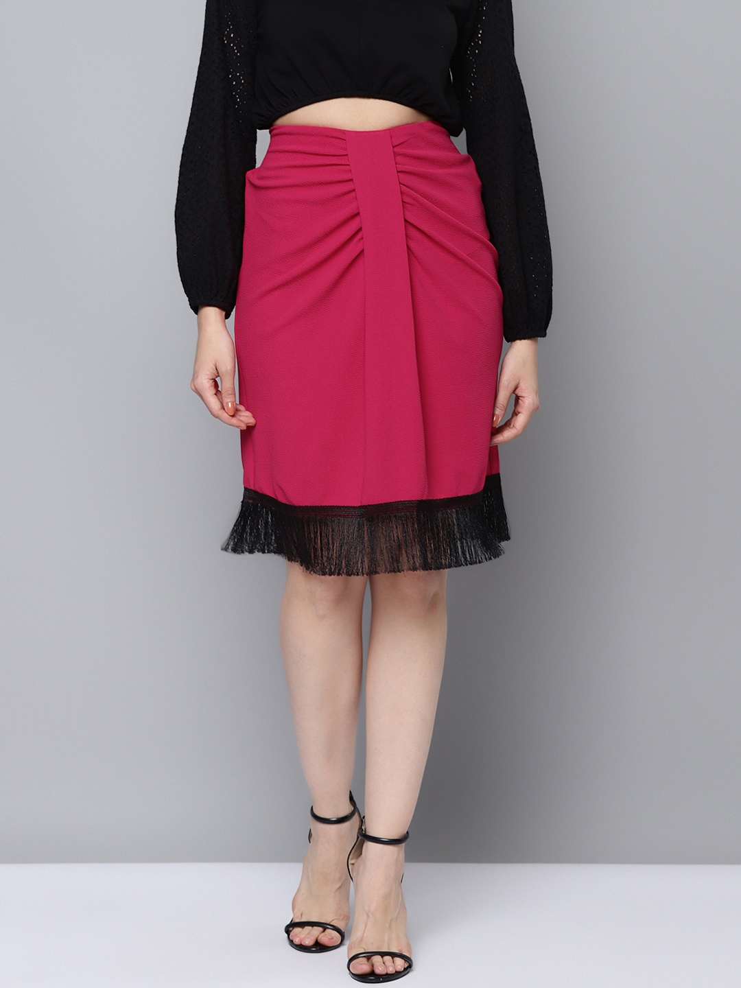 

SASSAFRAS Women Fuchsia Textured Ruched A-Line Skirt