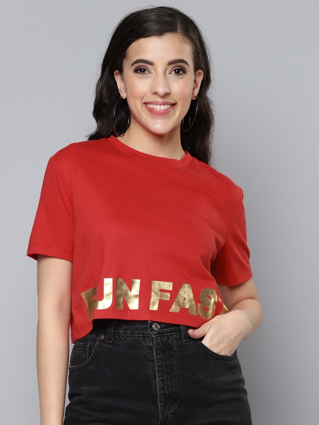 

SASSAFRAS Women Red Typography Printed Pure Cotton Oversized T-shirt