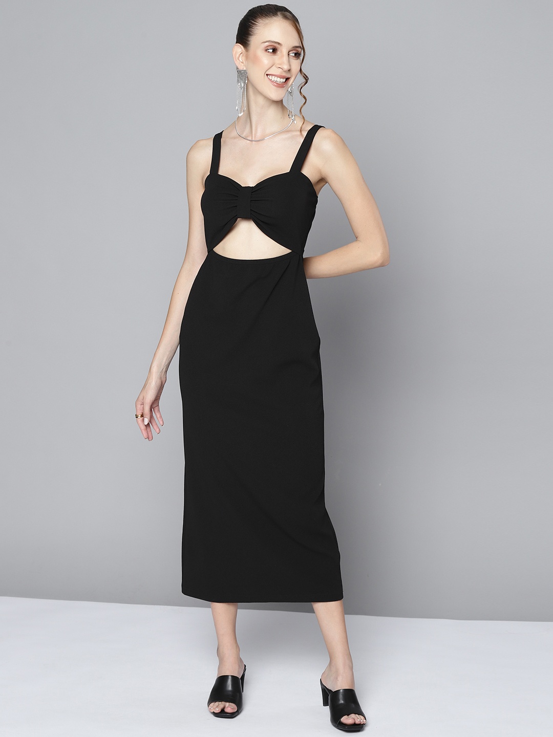 SASSAFRAS Women Black Textured Sheath Midi Dress - buy at the price of ...