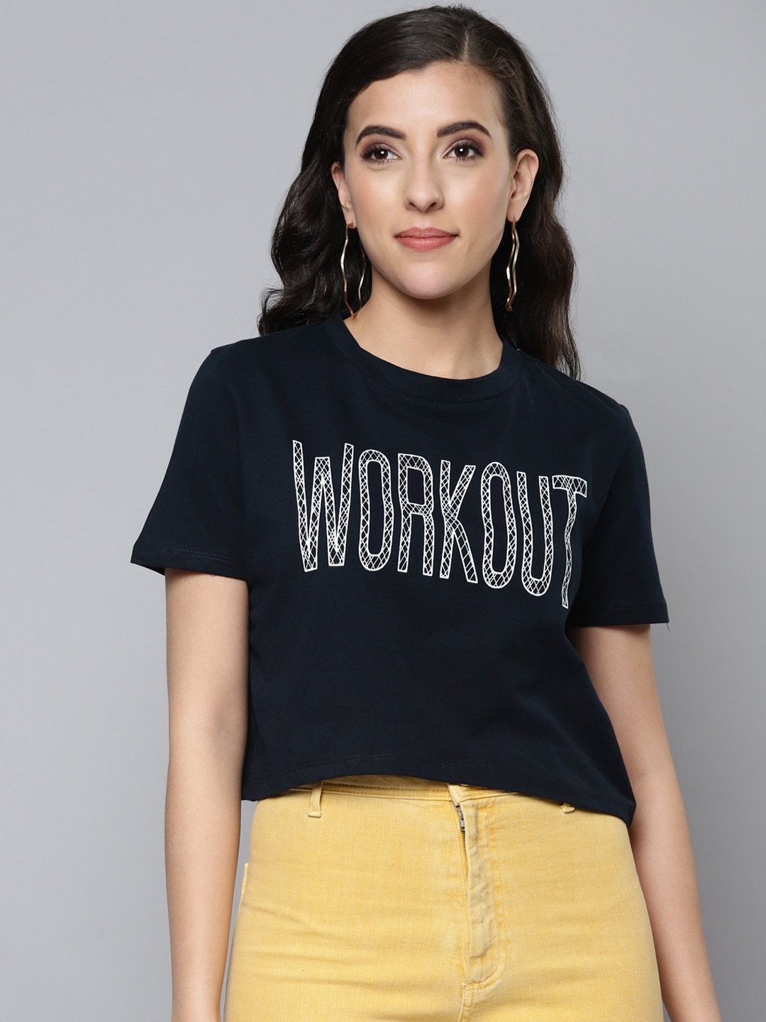 SASSAFRAS Women Navy Blue Typography Printed Pure Cotton Boxy T-shirt