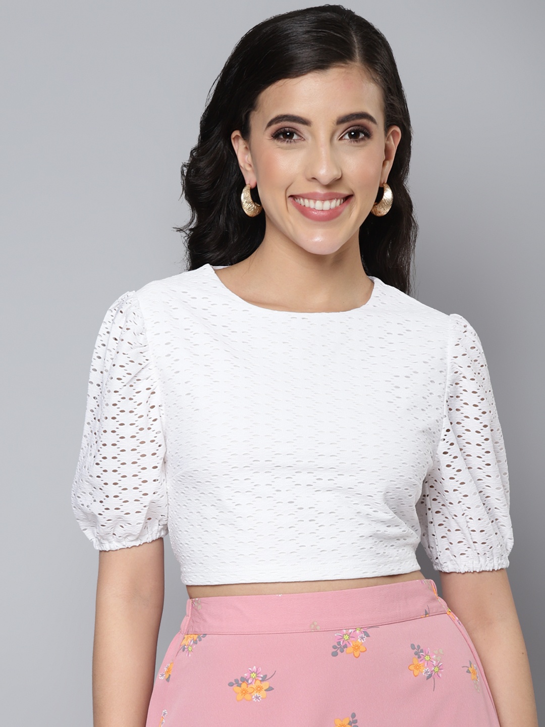 

SASSAFRAS Women White Schiffli Crop Top