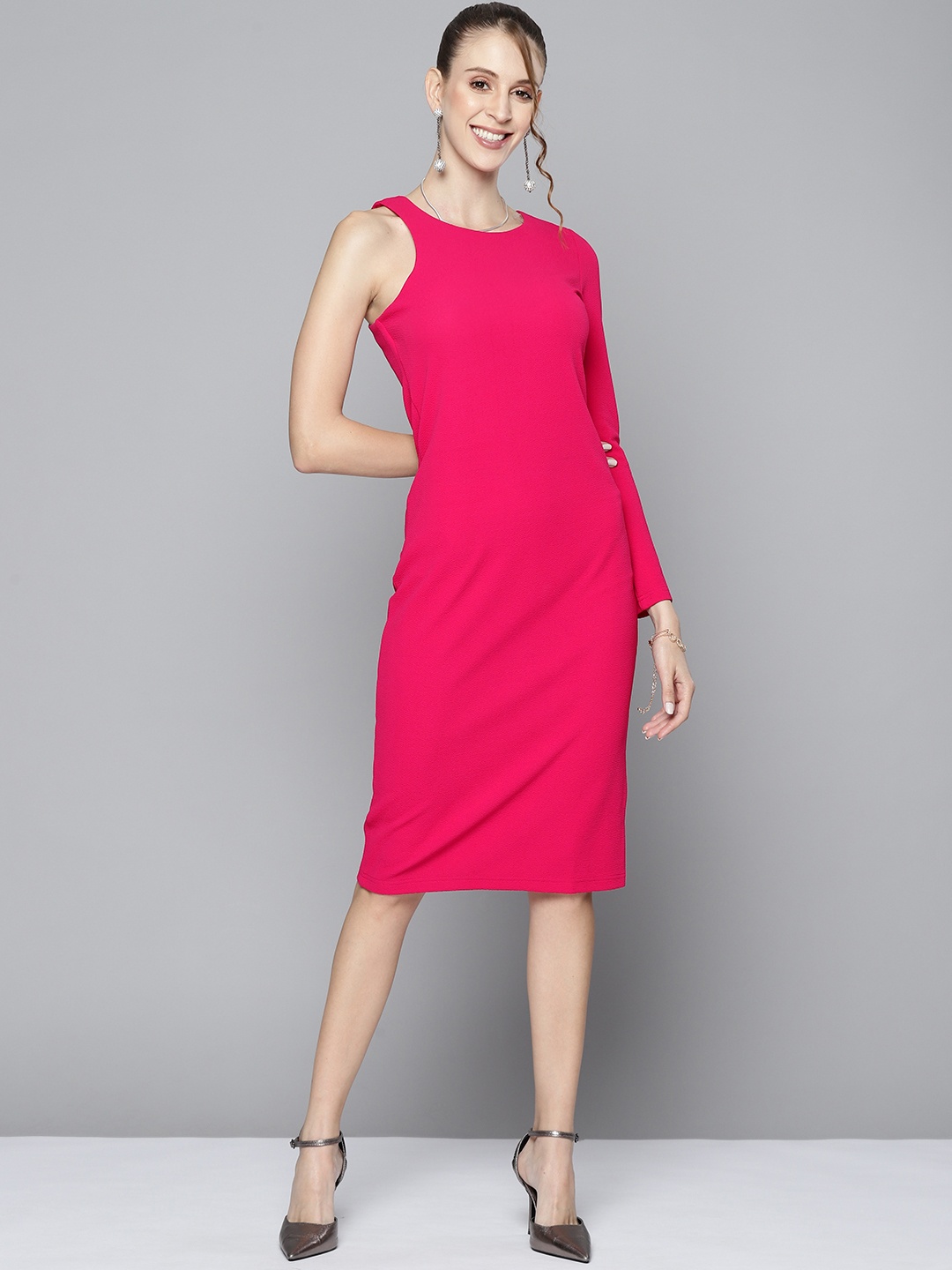 

SASSAFRAS Women Fuchsia Textured One Shoulder Sheath Midi Dress