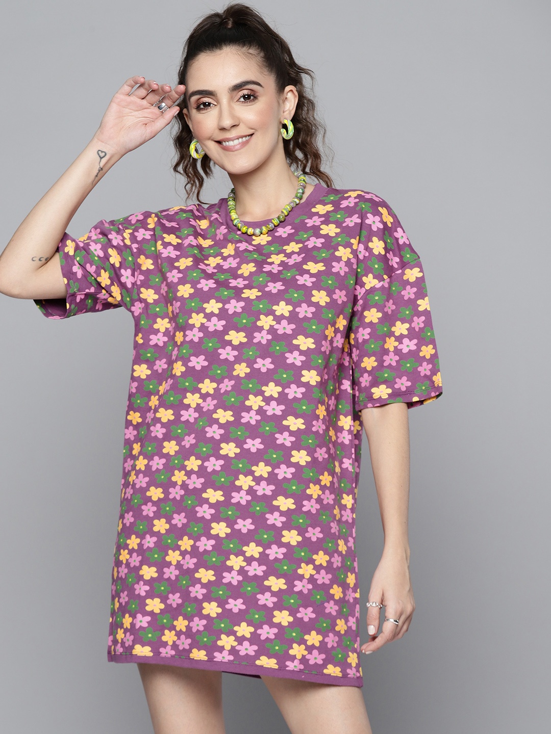 

SASSAFRAS Women Purple & Yellow Floral Pure Cotton T-shirt Dress