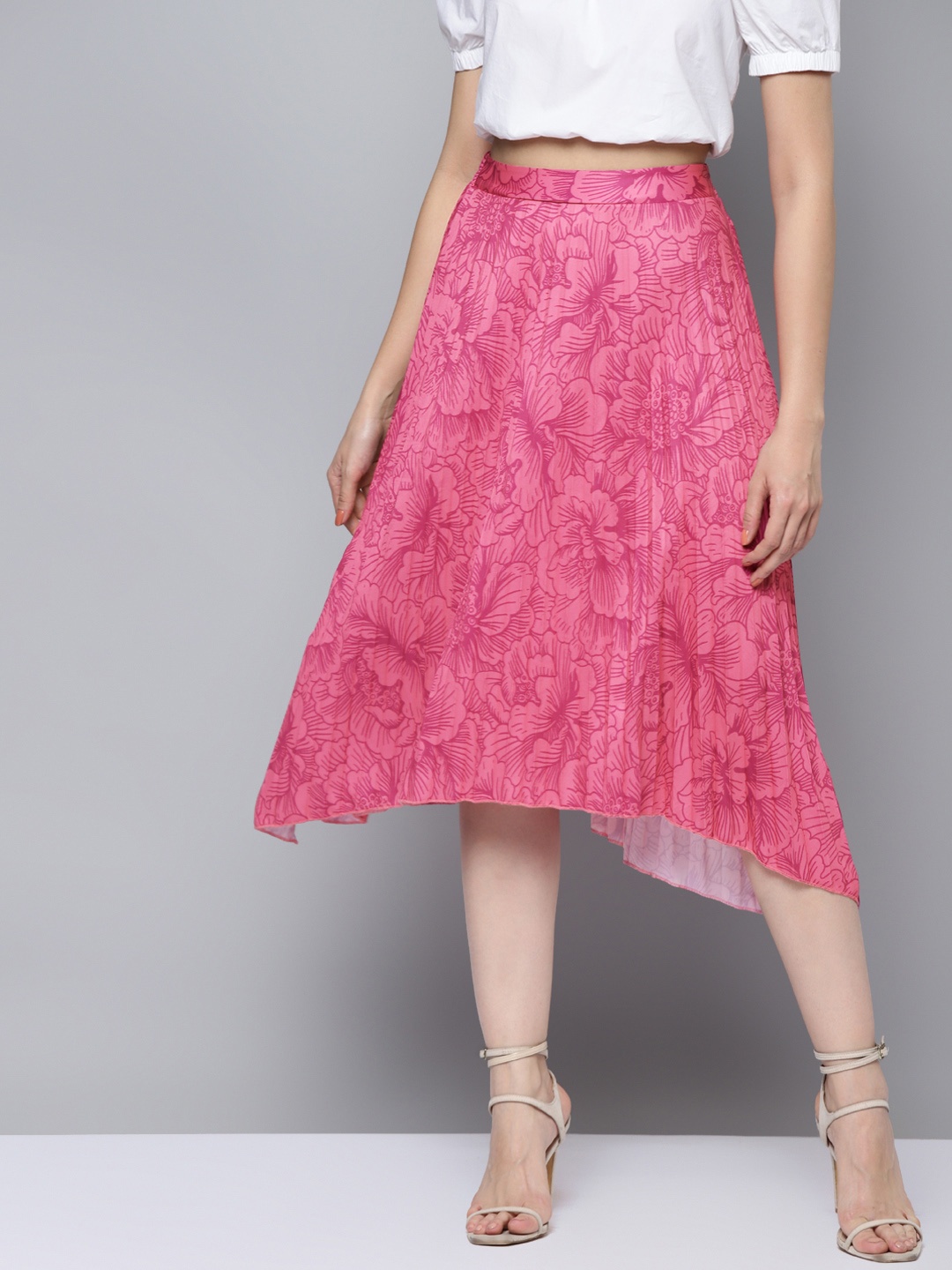 

SASSAFRAS Women Pink Floral Print Asymmetric Accordion Pleat A-Line Skirt