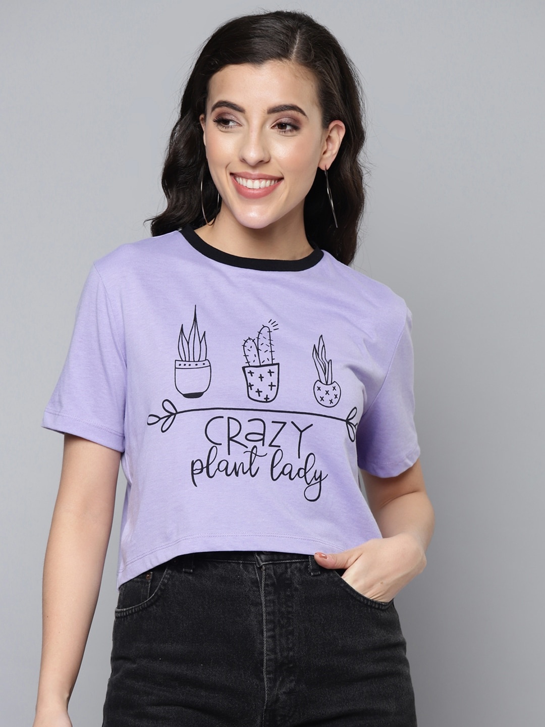 

SASSAFRAS Women Lavender & Black Typography Printed Pure Cotton Boxy T-shirt