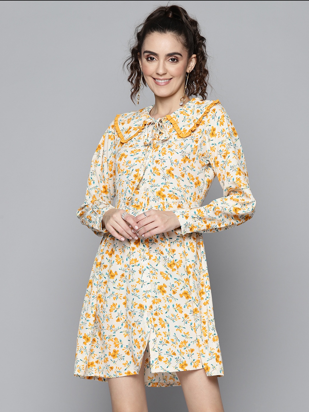 

SASSAFRAS Women Off White & Mustard Yellow Floral Shirt Dress