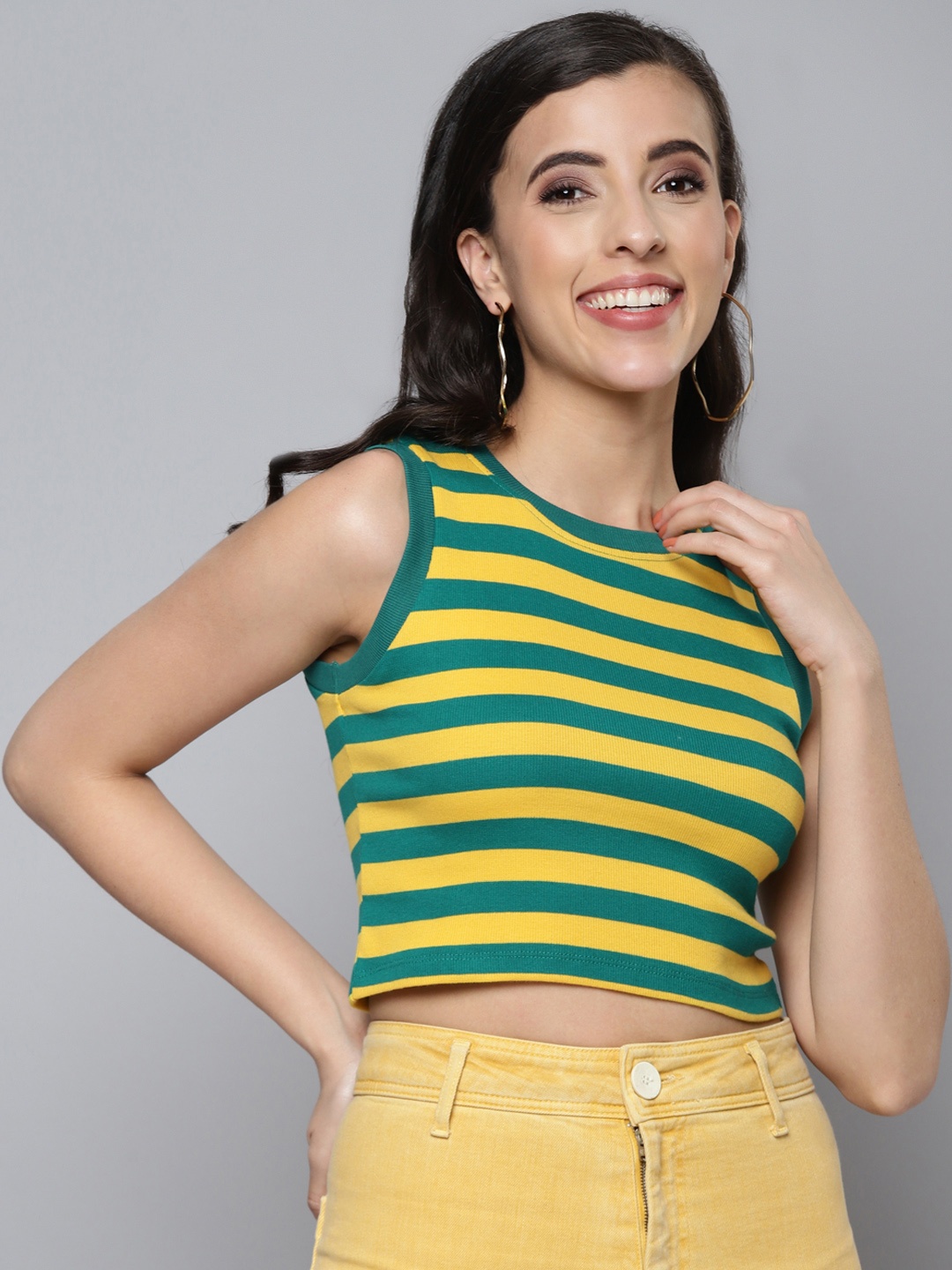 

SASSAFRAS Women Yellow & Green Striped Crop Top