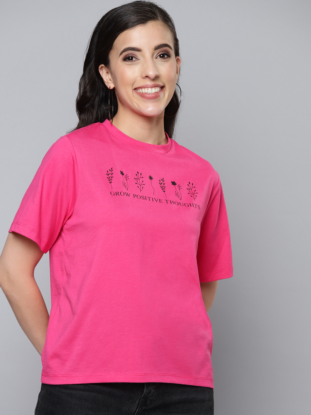 

SASSAFRAS Women Pink Typography Printed Pure Cotton T-shirt