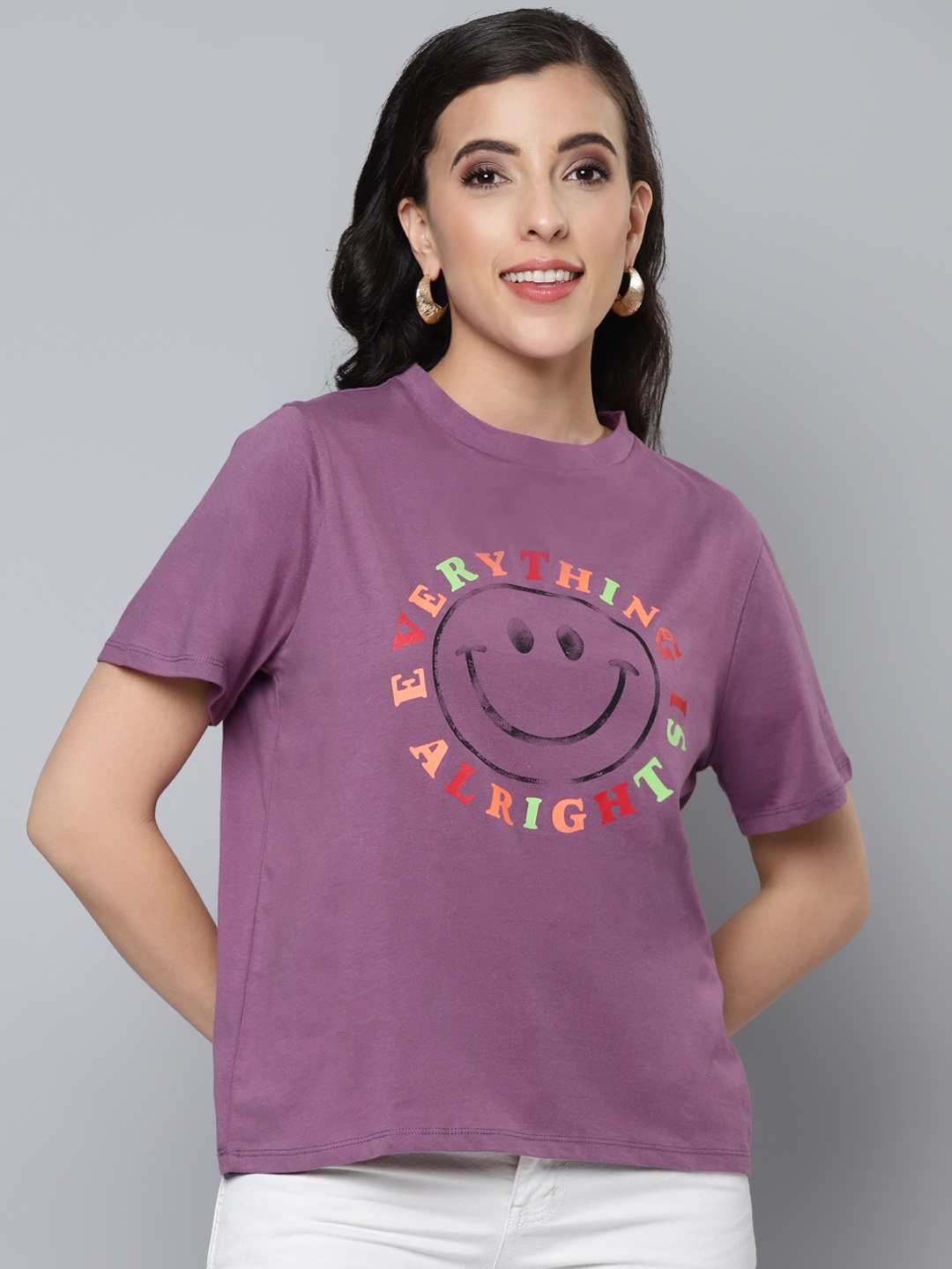 

SASSAFRAS Women Mauve Typography Printed Pure Cotton T-shirt