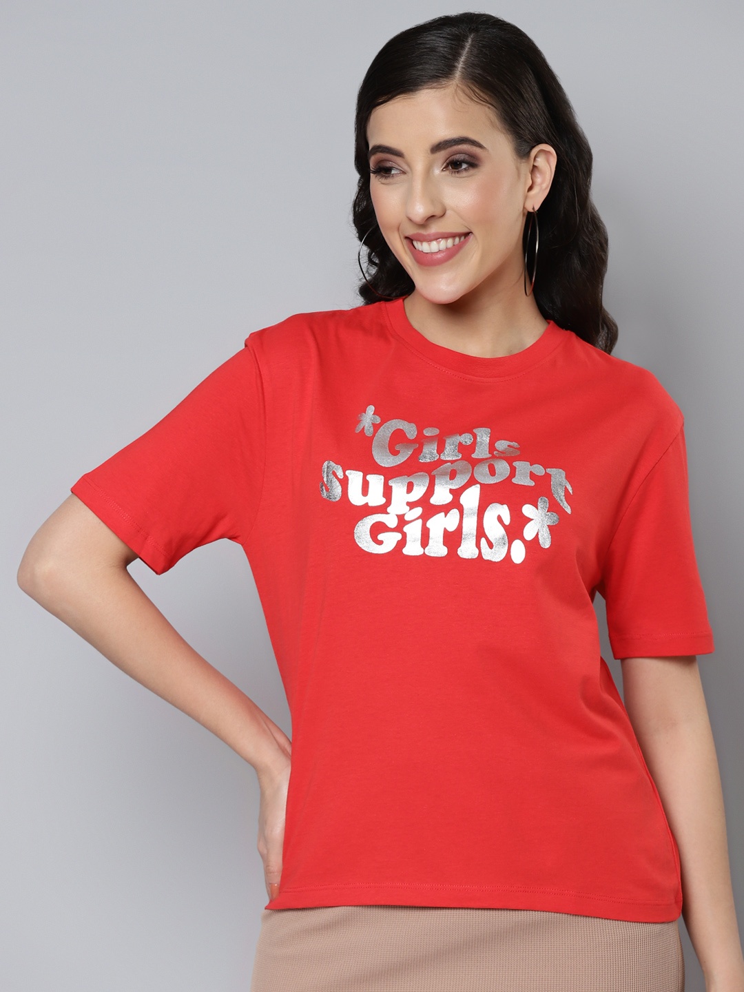 

SASSAFRAS Women Red Typography Printed Pure Cotton T-shirt