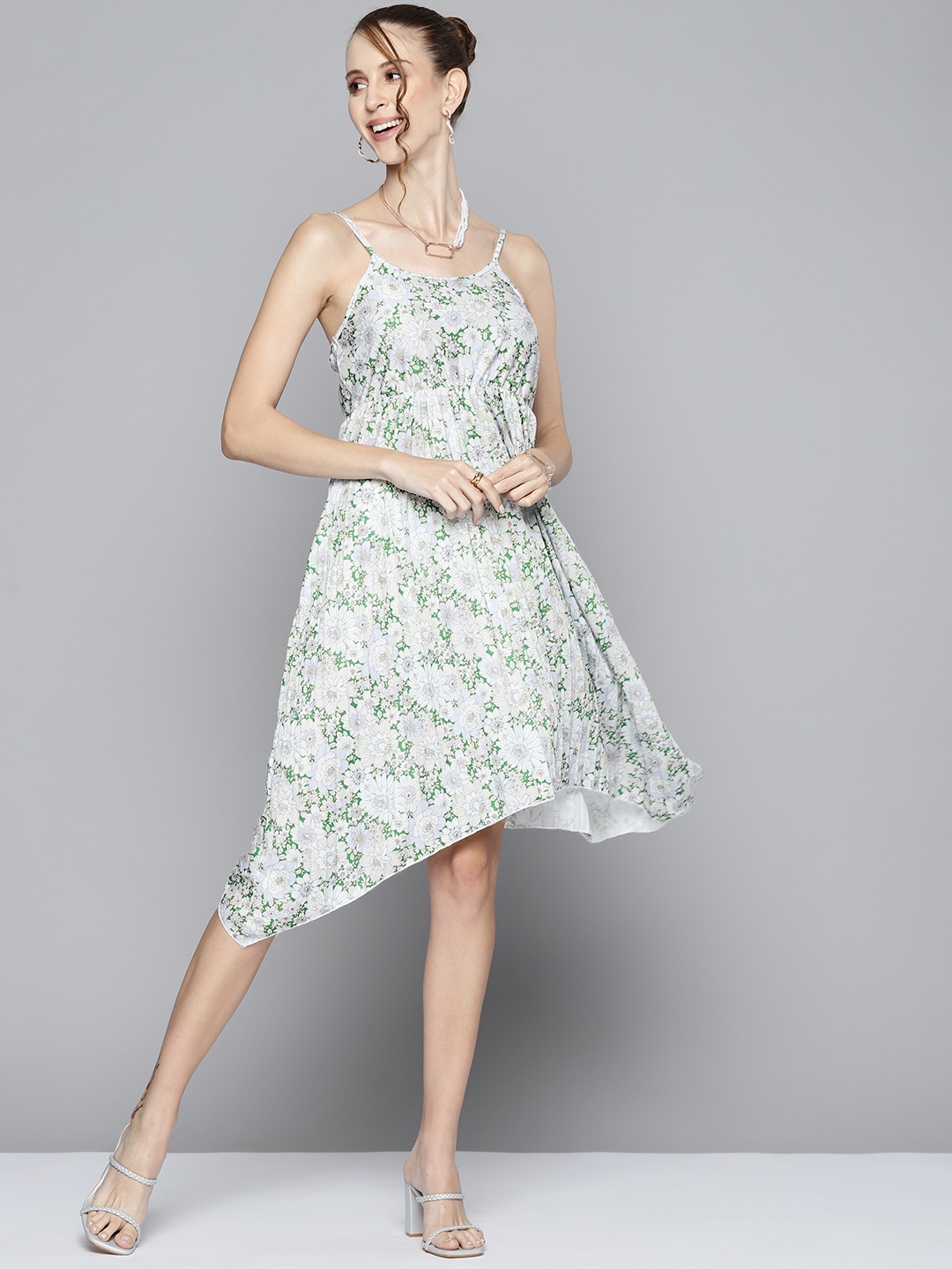 

SASSAFRAS Women White & Green Floral Printed A-Line Midi Dress