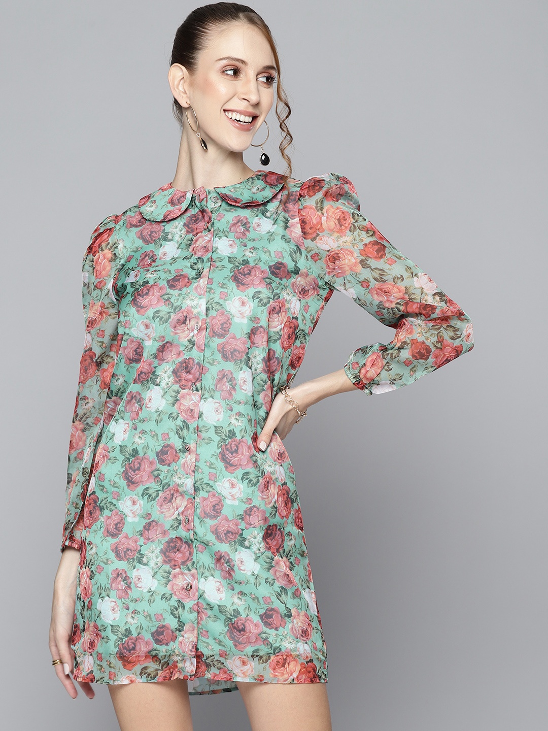 

SASSAFRAS Women Green & White Floral Peter Pan Collar Shirt Dress