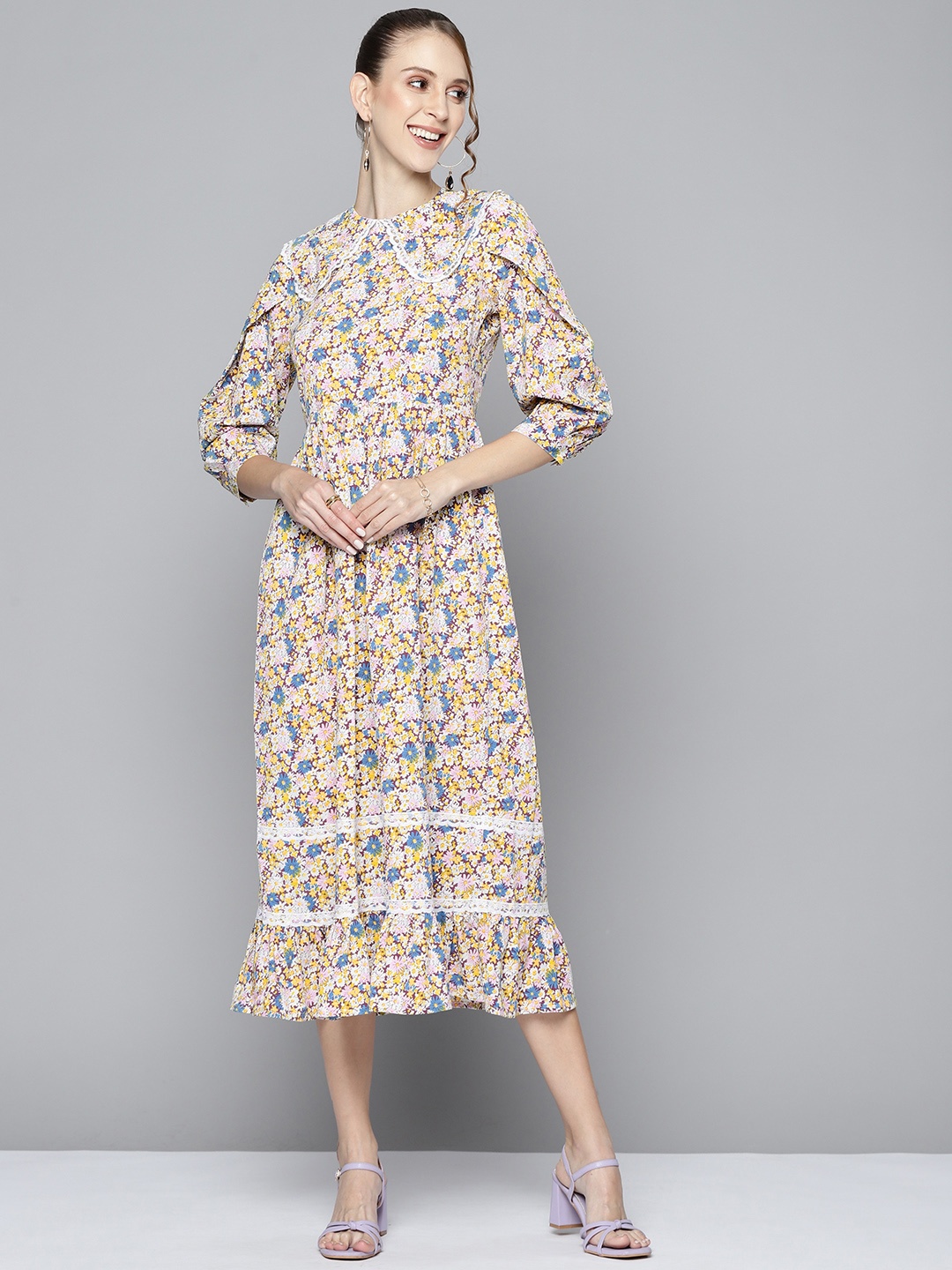 

SASSAFRAS Women White & Navy Blue Floral Printed A-Line Midi Dress