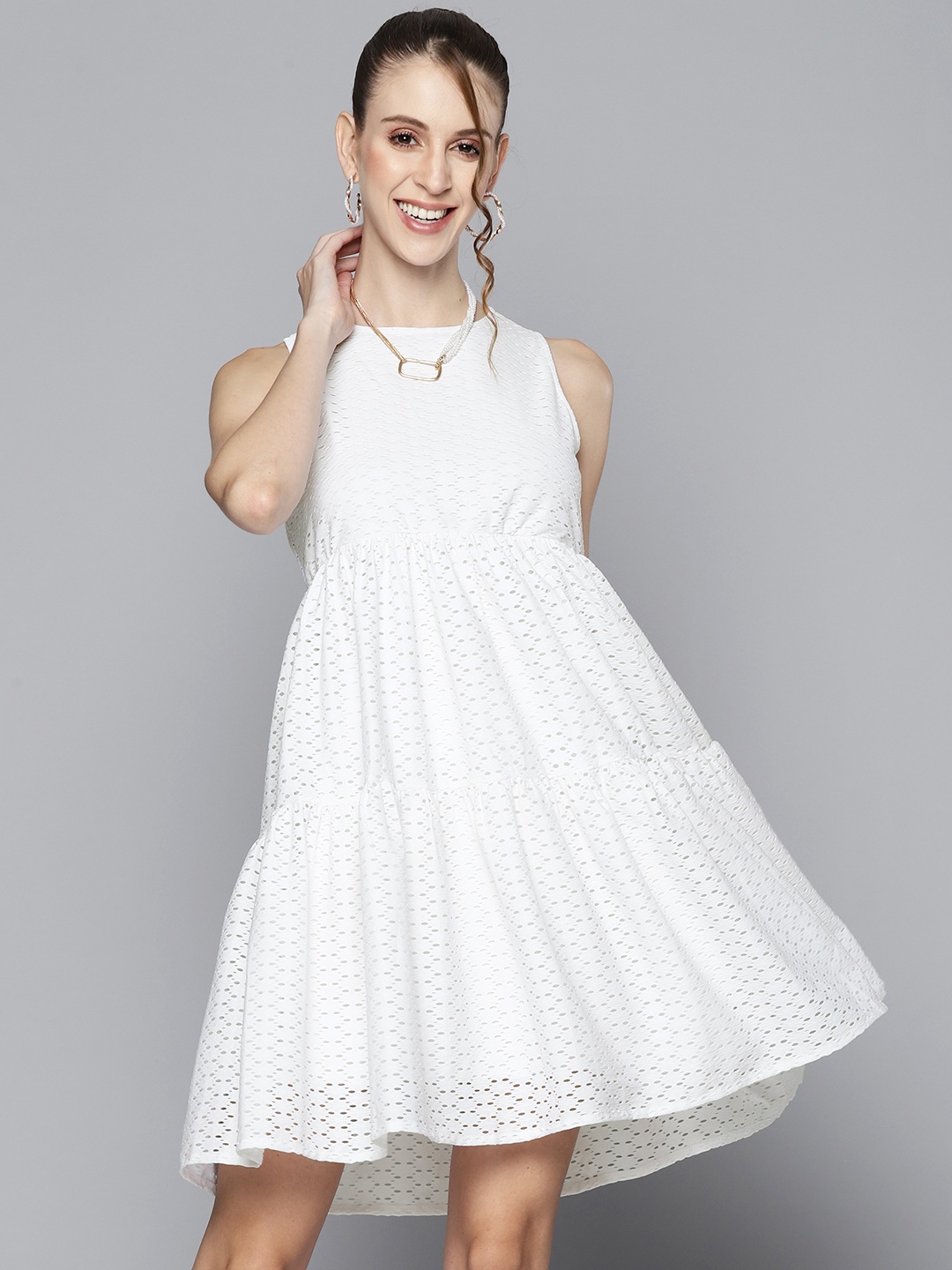 

SASSAFRAS Women White Schiffli Tiered A-Line Dress