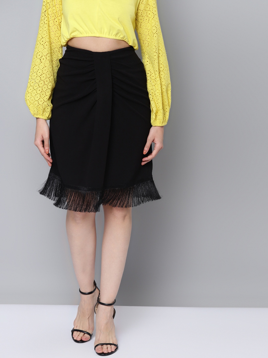 

SASSAFRAS Women Black Fringe Lace A-Line Skirt