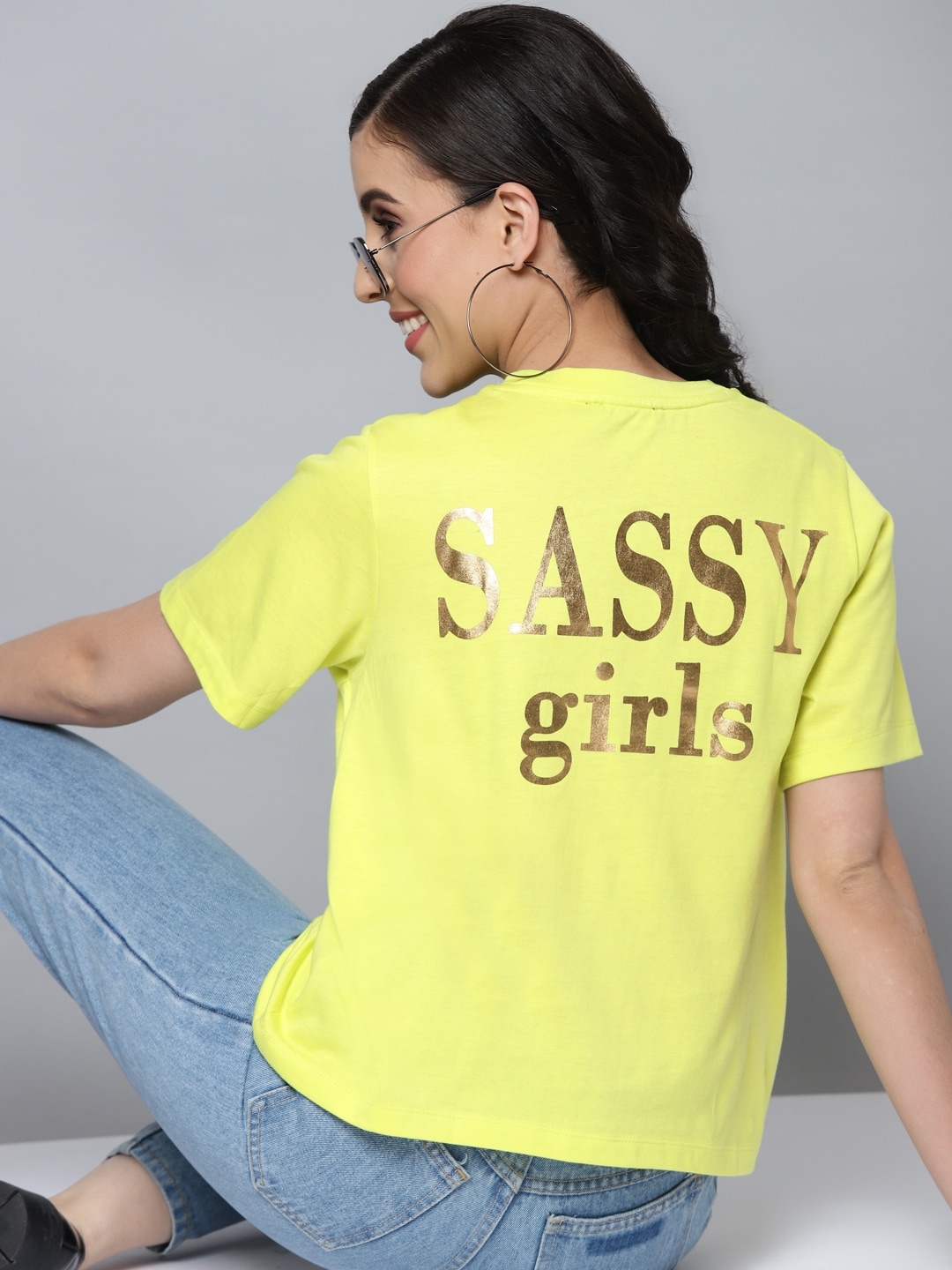 SASSAFRAS Women Yellow Typography Printed Pure Cotton T-shirt