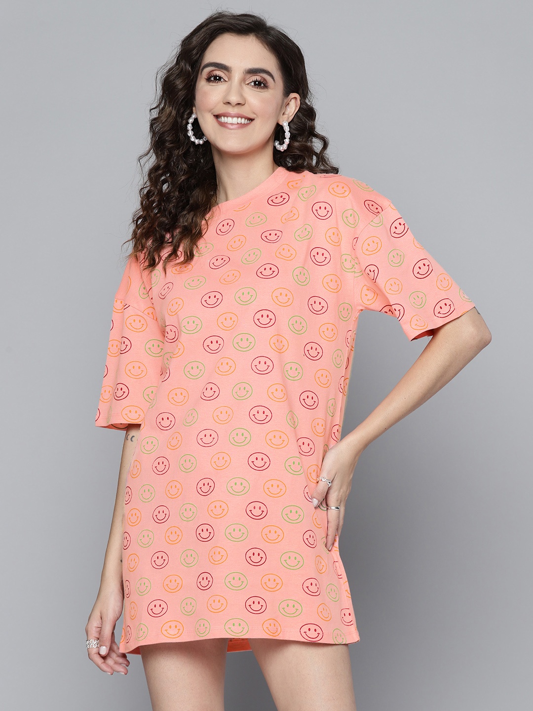 

SASSAFRAS Women Peach-Coloured Pure Cotton Conversational Print T-shirt Dress