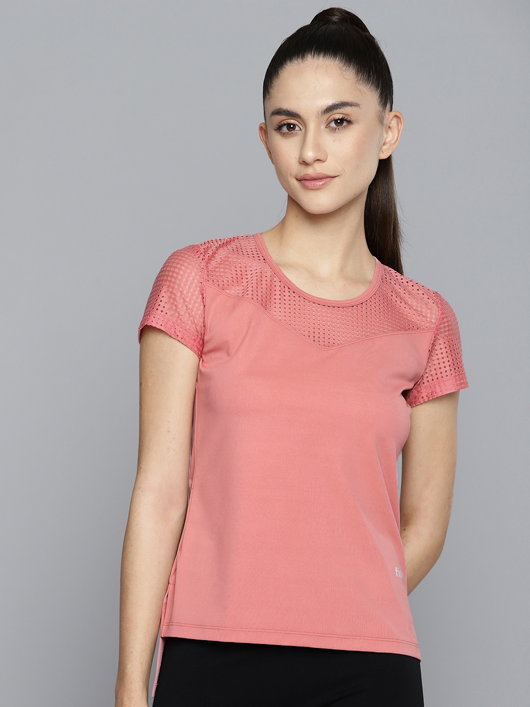 

Fitkin Women Pink Solid Mesh Design Knitted Rapid-Dry T-shirt