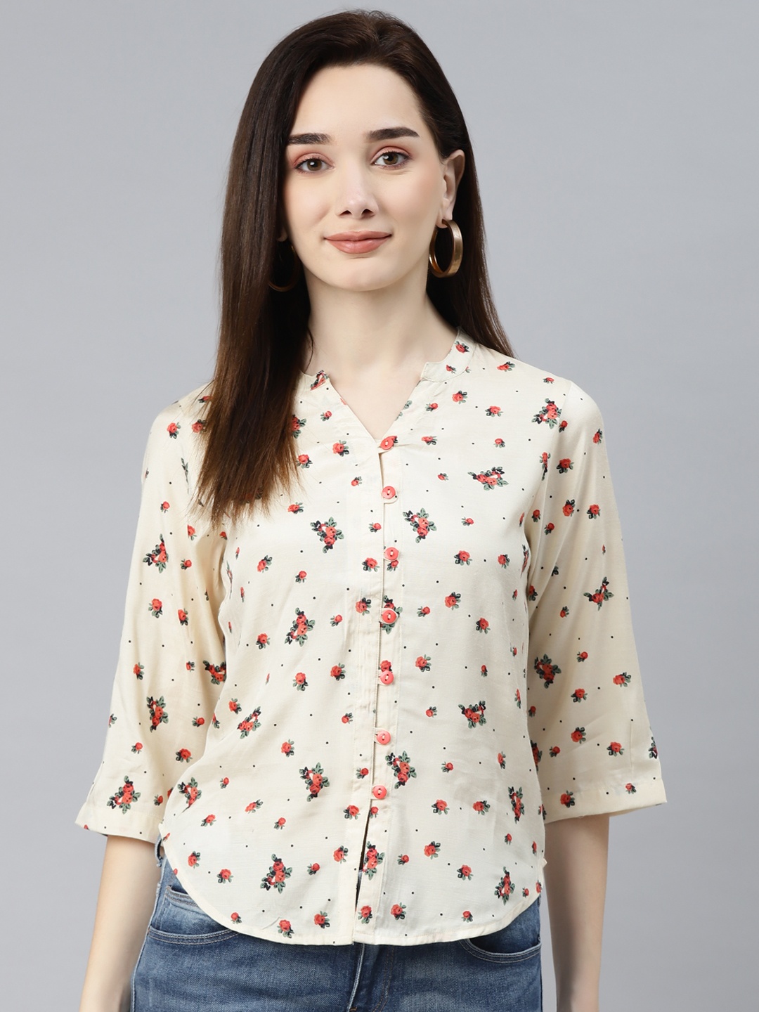 

Ayaany Women Cream-Coloured Comfort Floral Printed Casual Shirt
