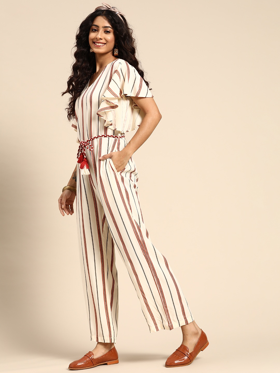 

Sangria Cream-Coloured & Maroon Striped Basic Jumpsuit