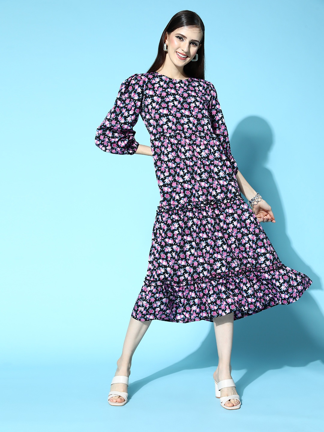 

plusS Women Navy Blue Floral Volume Play Dress