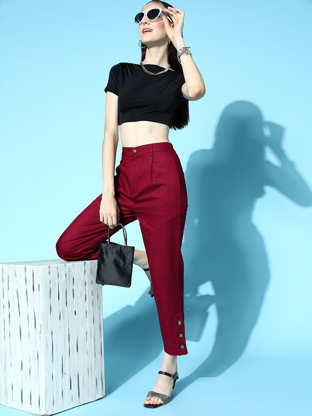

plusS WORX Women Deep Red Solid Y2K Cargo Trousers