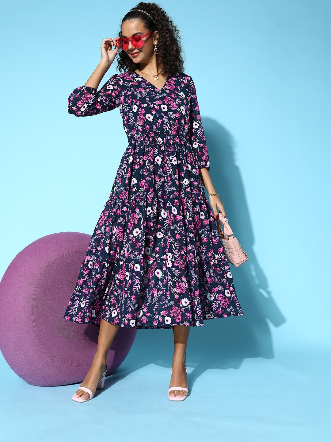 

plusS Women Navy Blue Floral Volume Play Dress