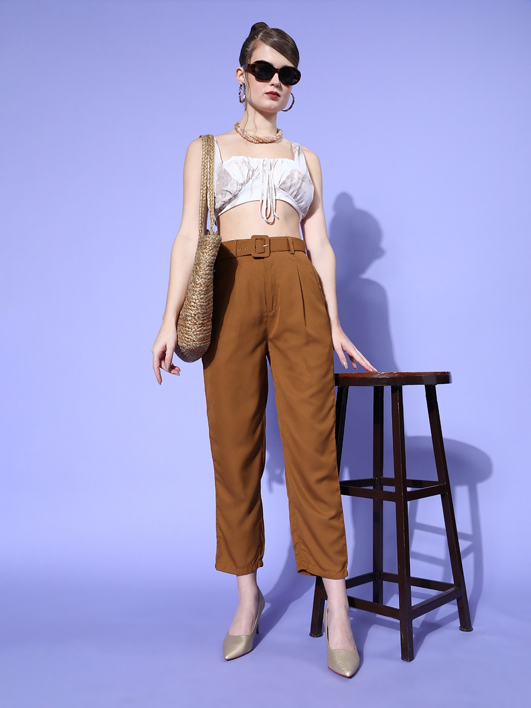 

plusS Women Brown Solid High-Rise Pleated Trousers