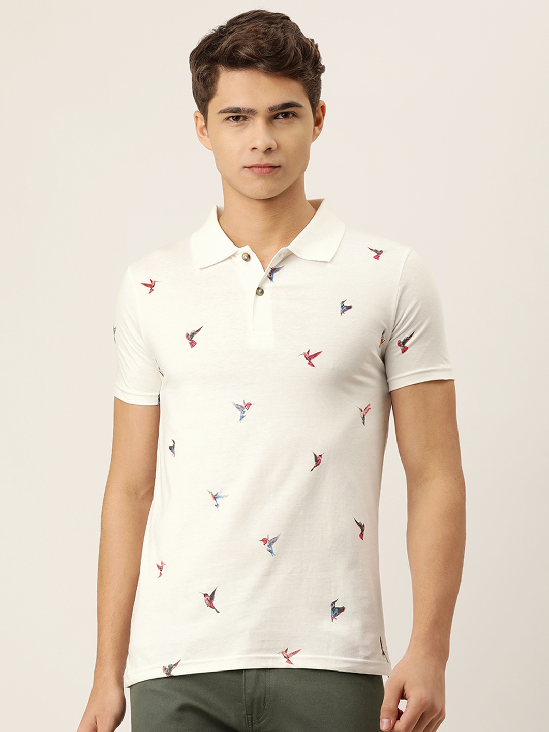 

Kryptic Men Off White Printed Polo Collar Pure Cotton T-shirt