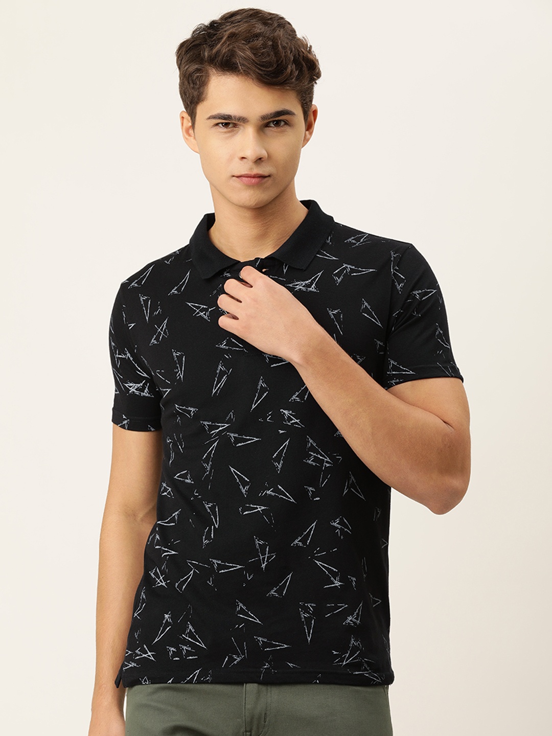 

Kryptic Men Black Printed Polo Collar Pure Cotton T-shirt