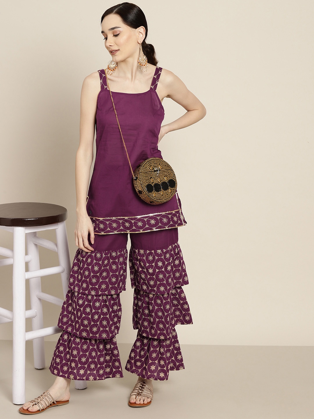 

Sangria Women Purple Sequinned Kurti with Sharara