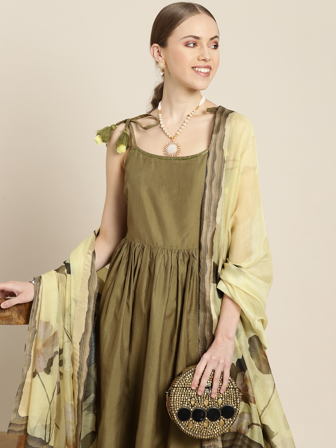 

Sangria Women Olive Green Pleated Chanderi Cotton Kurta with Trousers & With Dupatta