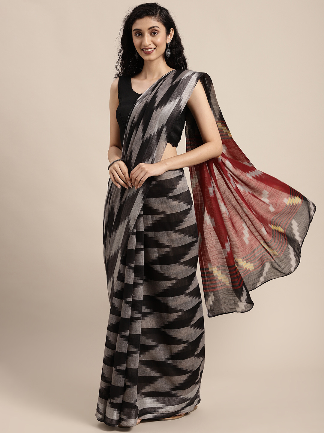

KALINI Black & White Printed Zari Silk Cotton Saree