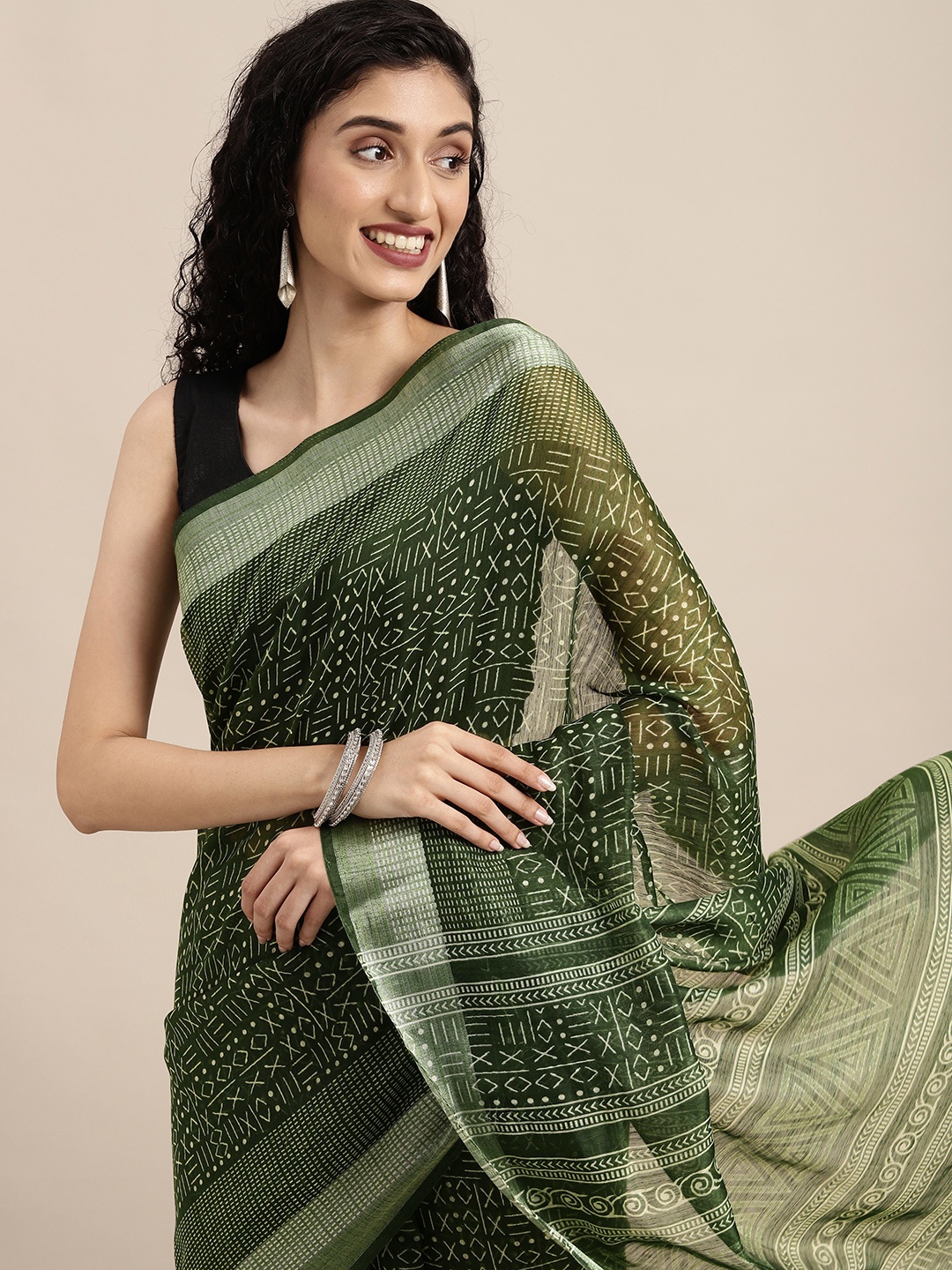 

KALINI Olive Green Ethnic Motifs Zari Silk Cotton Saree