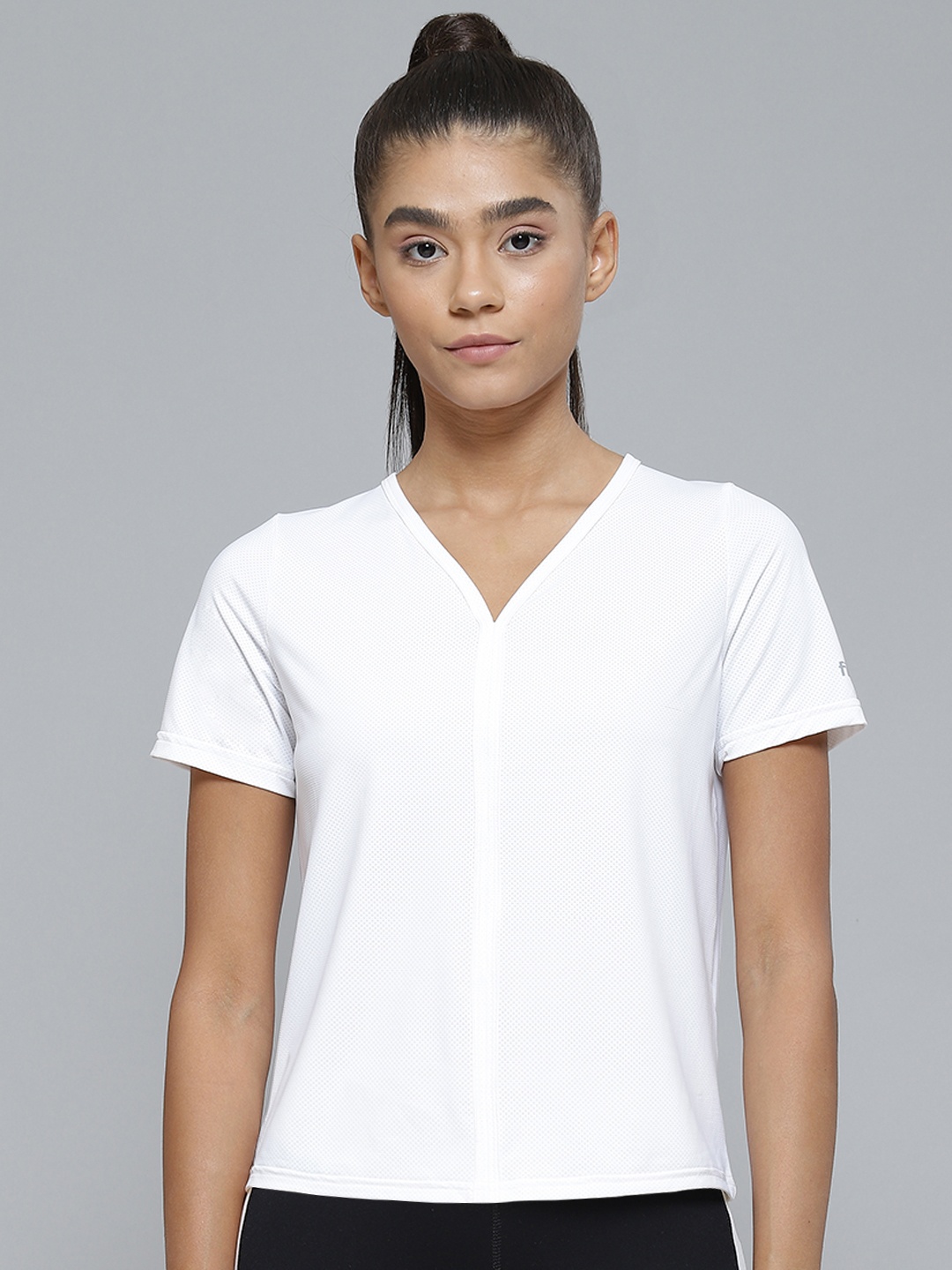 

Fitkin Women White Solid Mesh Design V-Neck Rapid-Dry T-shirt