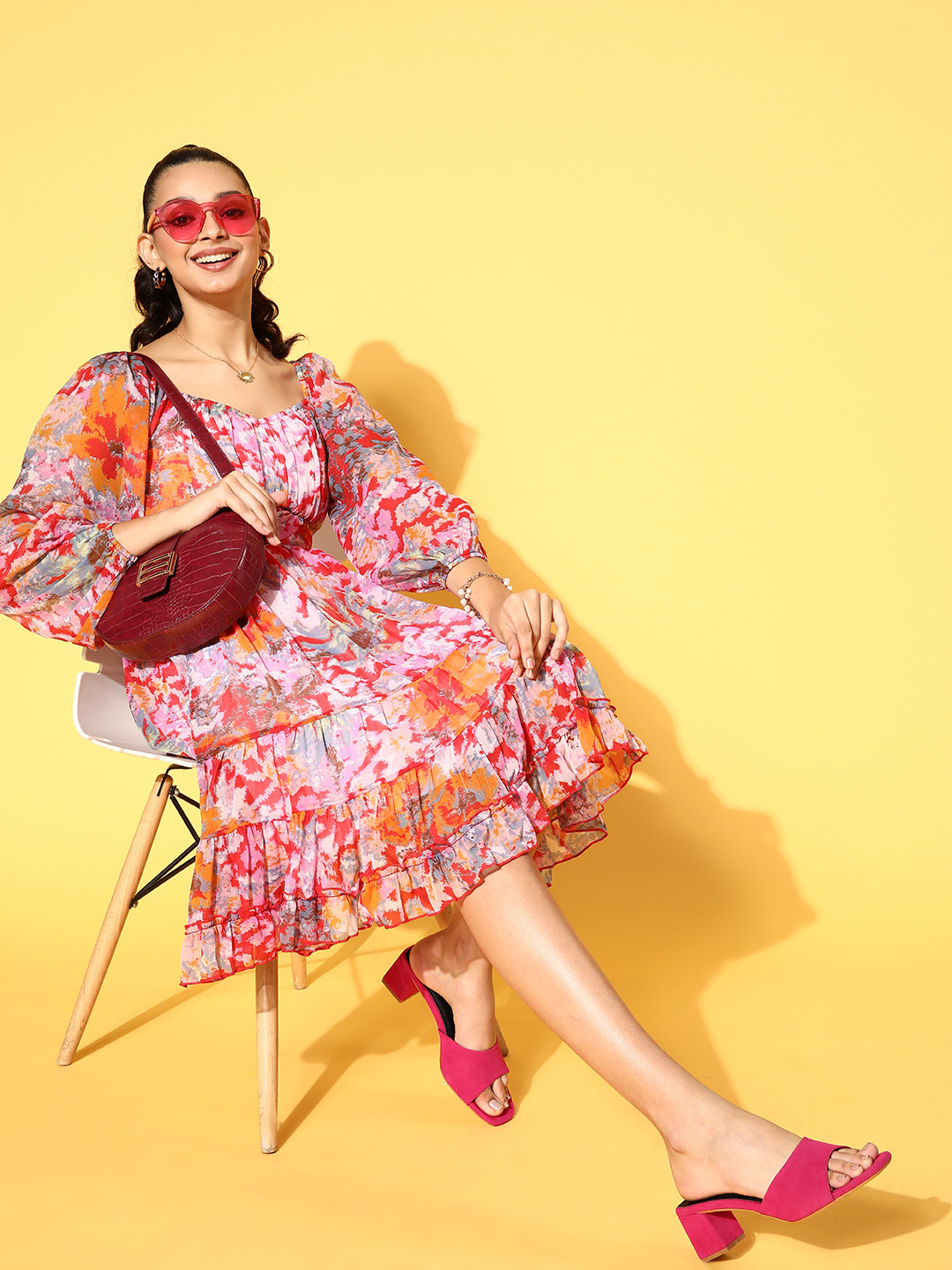 

Antheaa Pink Tiered Chiffon Dress