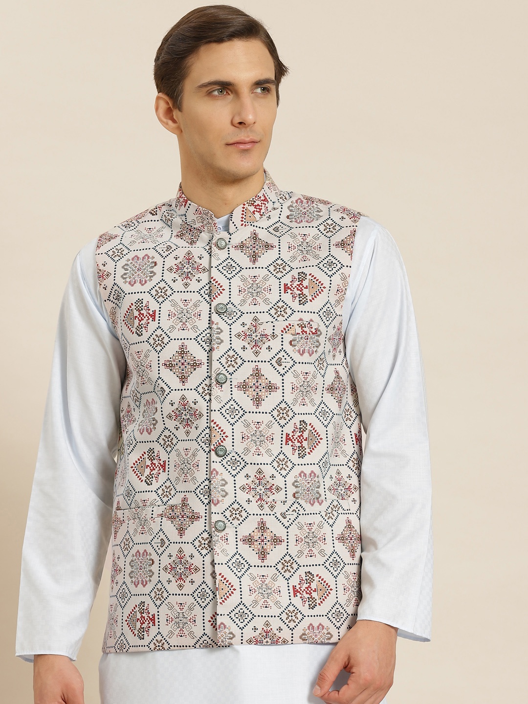 

SOJANYA Men Off White Printed Cotton Linen Nehru Jacket