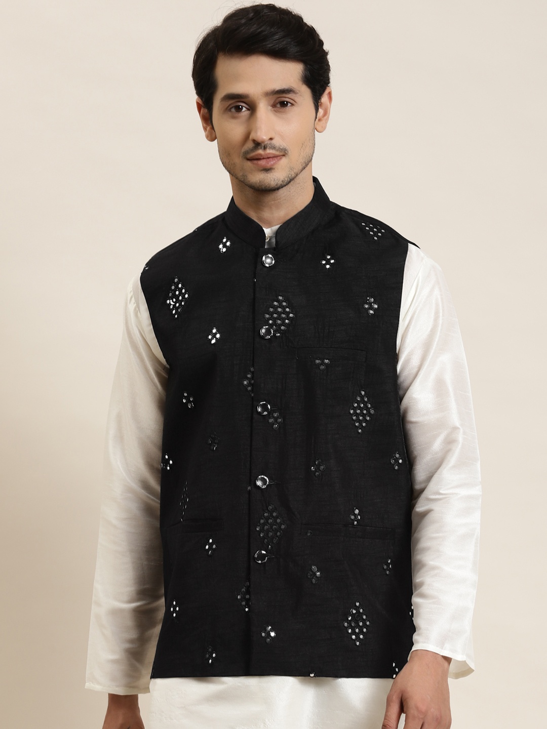 

SOJANYA Men Black Mirror Work Nehru Jacket