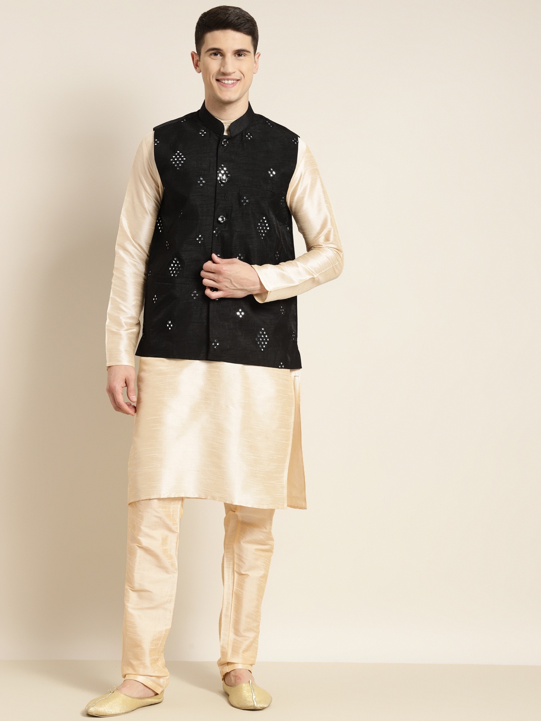 

SOJANYA Men Cream-Coloured Mirror Work Kurta with Churidar & Nehru Jacket