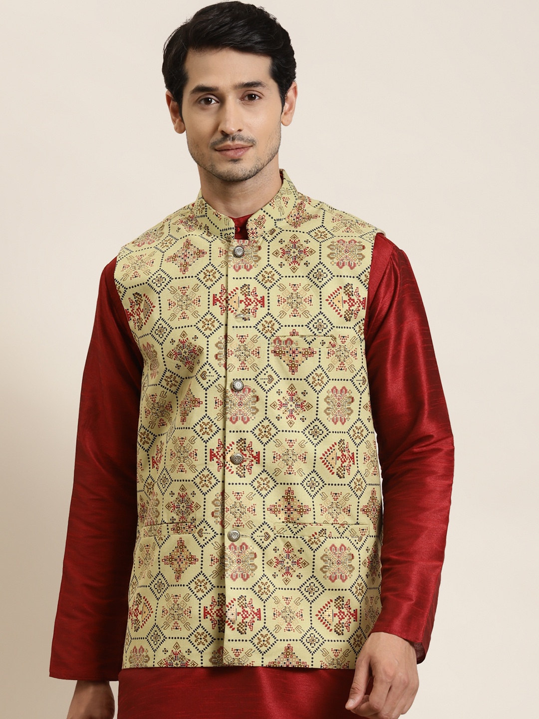 

SOJANYA Men Olive Green Ethnic Motifs Printed Nehru Jacket