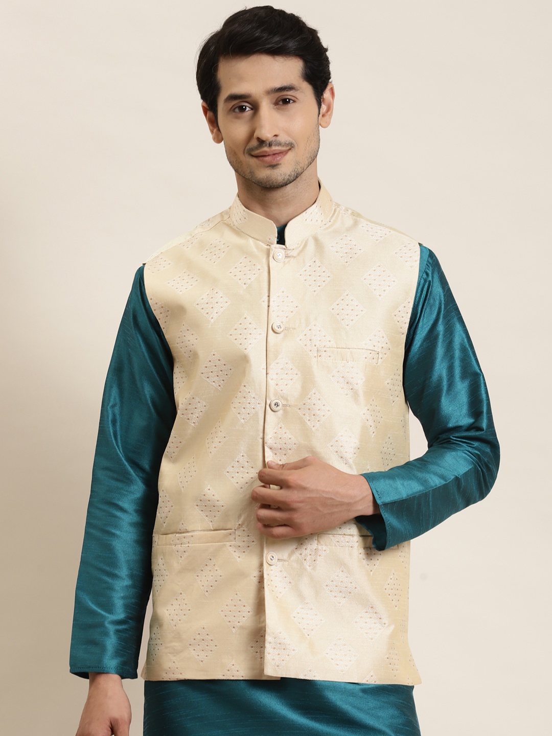 

SOJANYA Men Cream & Golden Woven Design Nehru Jacket