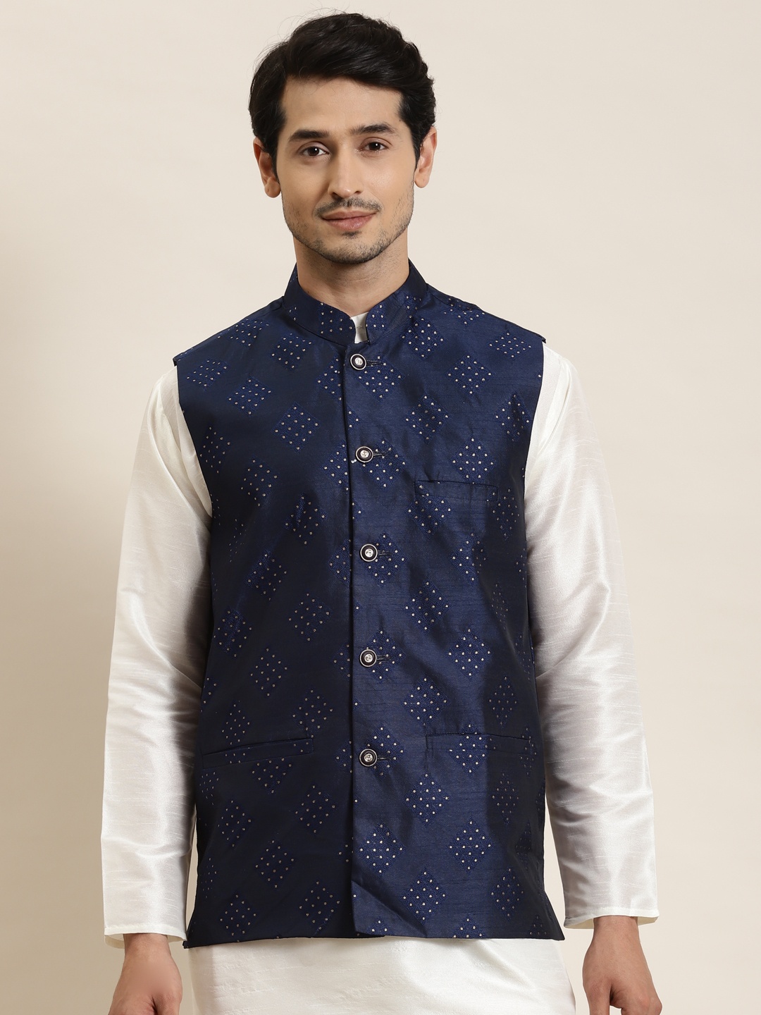 

SOJANYA Men Navy Blue & Golden Woven Design Nehru Jacket